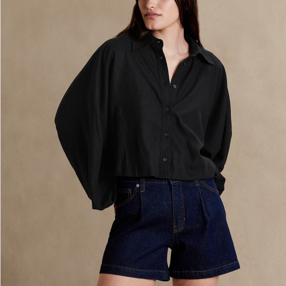 Banana Republic Linen Blend Cropped Oversized Long Sleeve Shirt Black Medium NWT